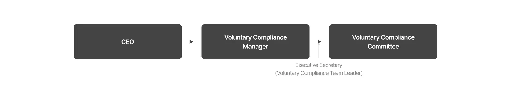 Voluntary compliance operations organization: CEO → Voluntary Compliance Manager → Voluntary Compliance Committee, with an Executive Secretary (Voluntary Compliance Team Leader) under the Voluntary Compliance Manager