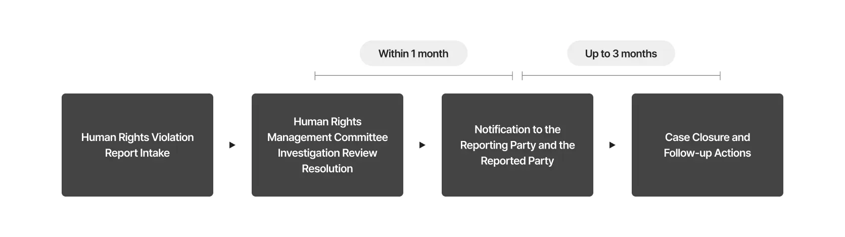 Human Rights Management Committee remedial procedures: Human Rights Violation Report Intake → (within 1 month) → Human Rights Management Committee Investigation, Review, and Resolution → (up to 3 months) → Notification to the Reporting Party and the Reported Party → Case Closure and Follow-up Actions